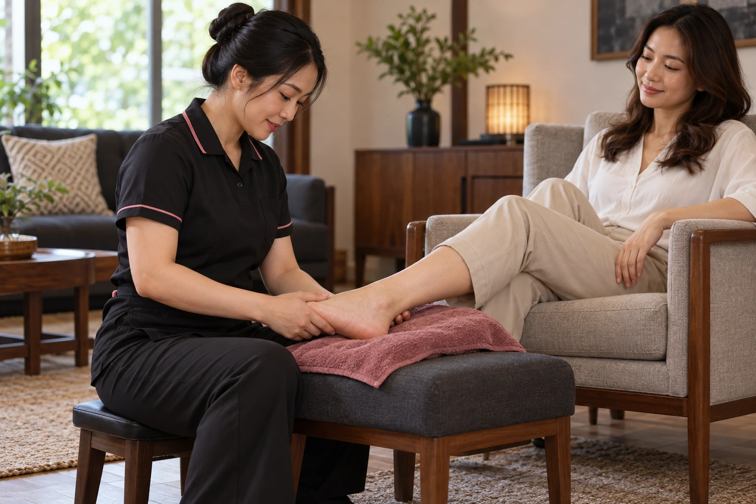 Professional therapist providing a foot massage to a comfortably seated adult guest