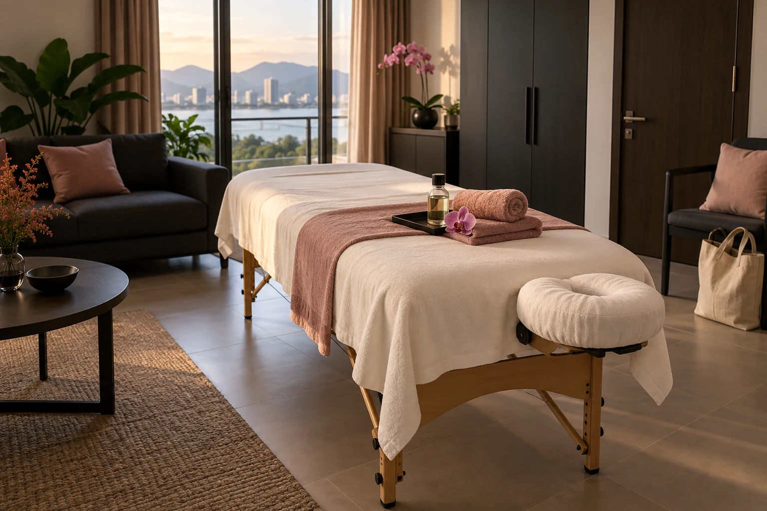 Clean massage table with rose towels and unscented oil in a tidy apartment