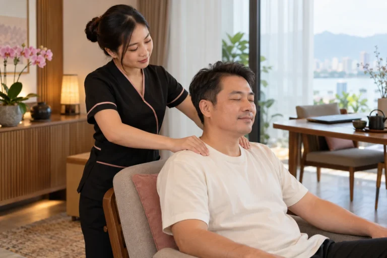 Adult guest receiving a gentle seated shoulder massage in a calm apartment