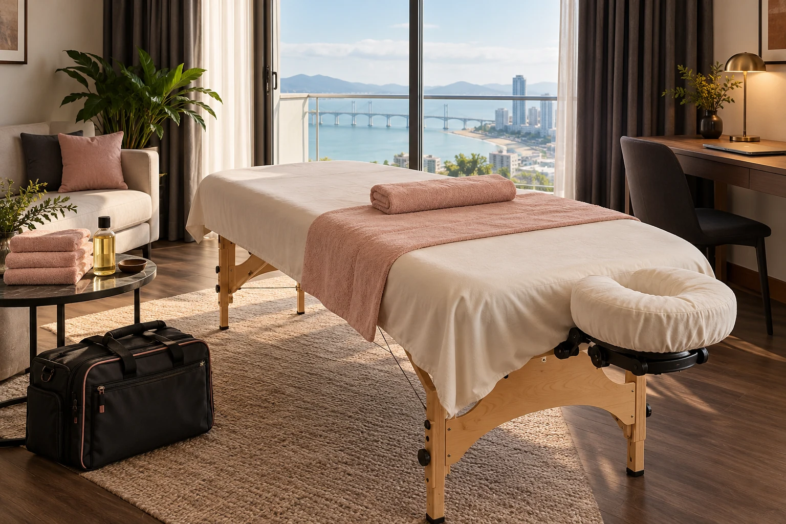 Illustration of a portable massage table, clean linens and therapist bag prepared in an apartment.