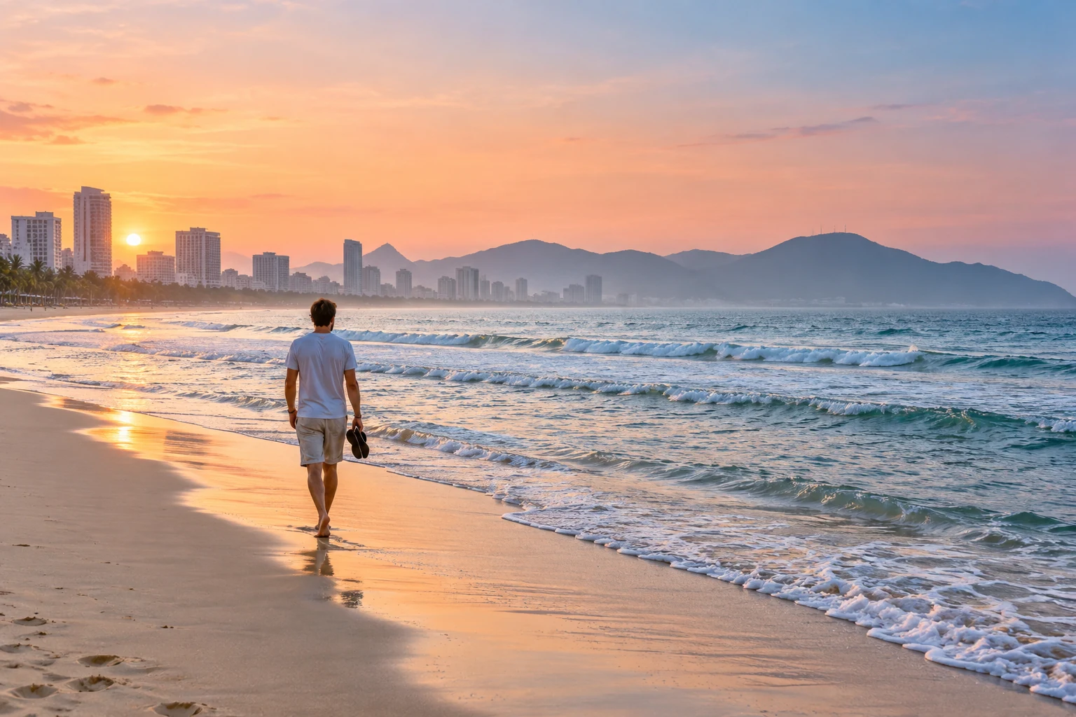 Adult traveler walking along a broad sandy Da Nang beach in soft morning light