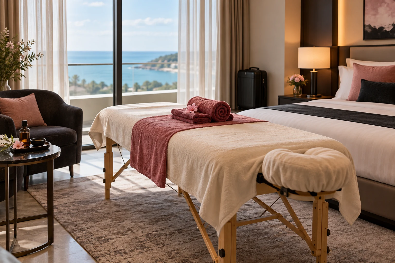 Fresh linens on a portable massage table in a hotel room with luggage stored out of the way