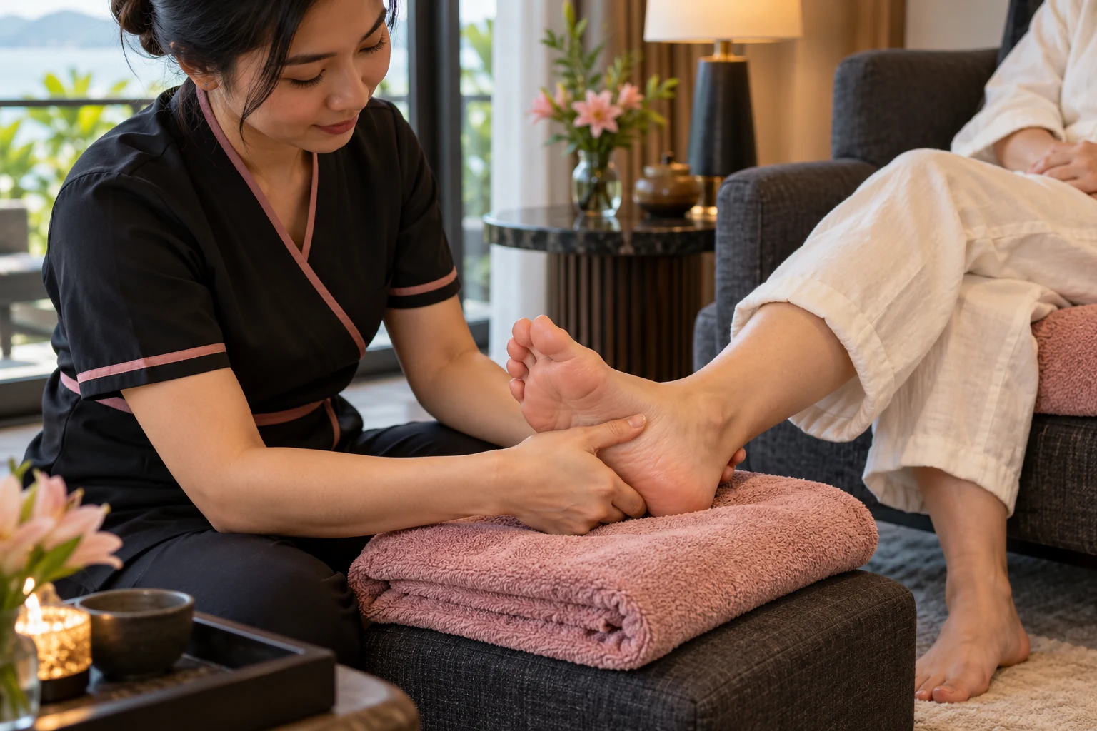 Illustration of a therapist supporting a guest’s heel during a foot massage on a rose towel.