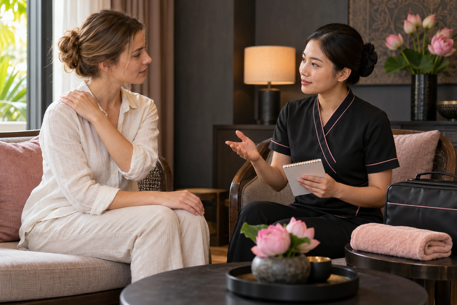 Illustration of a guest discussing shoulder comfort and pressure preferences with a massage therapist.